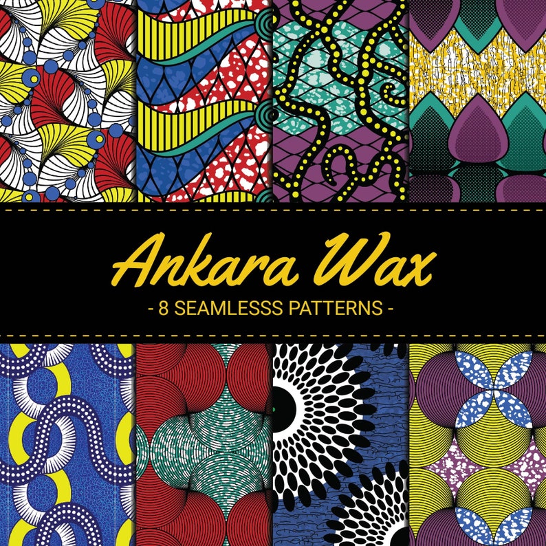 K&ouml;nnte beinhalten: Acht bunte nahtlose Muster, inspiriert von Ankara-Wachstuch. Die Muster zeigen geometrische Formen, Wirbel und Punkte in verschiedenen Farben, darunter Rot, Blau, Gelb, Gr&uuml;n und Lila.