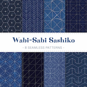 Op de afbeelding: Een verzameling van acht naadloze patronen in indigoblauwe tinten, met verschillende geometrische ontwerpen met witte stiksels. De patronen omvatten zeshoeken, chevrons, cirkels en andere vormen. De tekst "Wabi-Sabi Sashiko - 8 SEAMLESS PATTERNS -" wordt in het wit weergegeven.