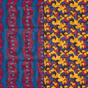 May include: A seamless pattern with two designs. The left side features a blue background with red and white floral shapes. The right side features a yellow background with blue and red floral shapes.