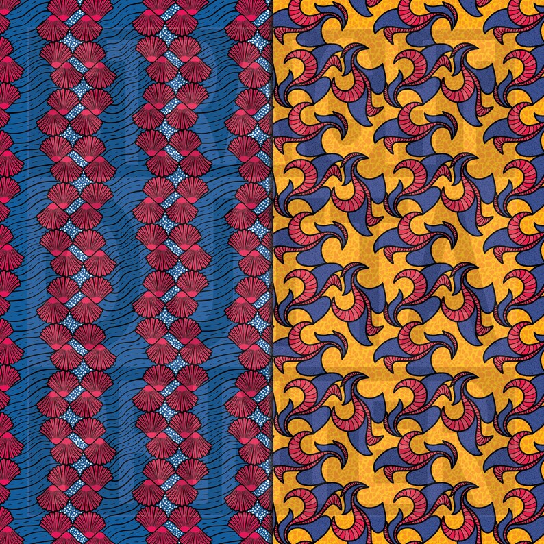 May include: A seamless pattern with two designs. The left side features a blue background with red and white floral shapes. The right side features a yellow background with blue and red floral shapes.