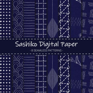 Papier numérique sashiko indigo, broderie japonaise, motifs sans couture, motifs de couture bleu marine, téléchargement immédiat
