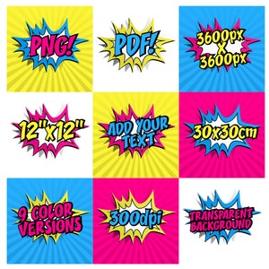 Blank Comics Pop Art Text Templates Superhero Clipart PNG and PDF - Add your words exclamations etc in pink yellow and blue