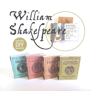 Miniaturbücher lesbar druckbar DIY Kit - 4er Set William Shakespeare Minibücher mit Bildern und Zitaten - Puppenhausminiaturen