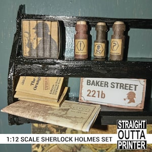 May include: A miniature 1:12 scale Sherlock Holmes set. The set includes a black shelf with a tobacco tin, bottles, books, and a Baker Street 221b sign. The tobacco tin features a silhouette of Sherlock Holmes. The books have aged paper and the sign has a silhouette of Sherlock Holmes.