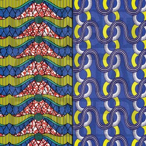 K&ouml;nnte beinhalten: Ein nahtloses Muster mit zwei verschiedenen Designs. Das erste Design ist ein sich wiederholendes Muster aus gelben, blauen, roten und gr&uuml;nen geometrischen Formen. Das zweite Design ist ein sich wiederholendes Muster aus gelben, blauen und wei&szlig;en geschwungenen Linien.