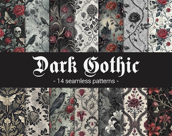 Dunkles Gothic Florales Digital Papier – 14 nahtlose Muster mit Rosen, Schädeln, Raben, Schlössern & Burgen | Vintage Damast Scrapbook Hintergründe