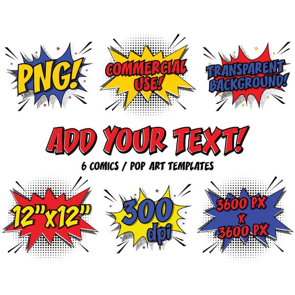 Blank Comics Pop Art Text Templates Superhero  Clipart PNG Transparent Background Commercial Licence