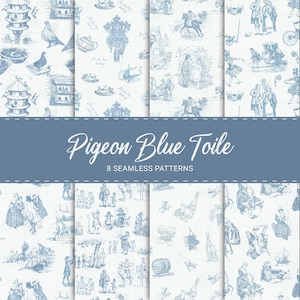 Toile Digital Paper - Toile Seamless Patterns - Pigeon Blue Toile - Vintage Chinoiserie Digital Paper - Toile de Jouy Digital Paper