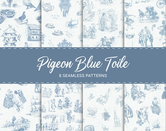 Toile Digital Paper - Toile Seamless Patterns - Pigeon Blue Toile - Vintage Chinoiserie Digital Paper - Toile de Jouy Digital Paper