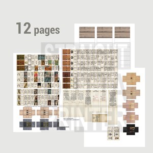 May include: A collection of printed paper sheets with various designs and text, including images of books, portraits, and diagrams. The text "12 pages" is visible at the top. Some sheets are designed to be folded and glued.