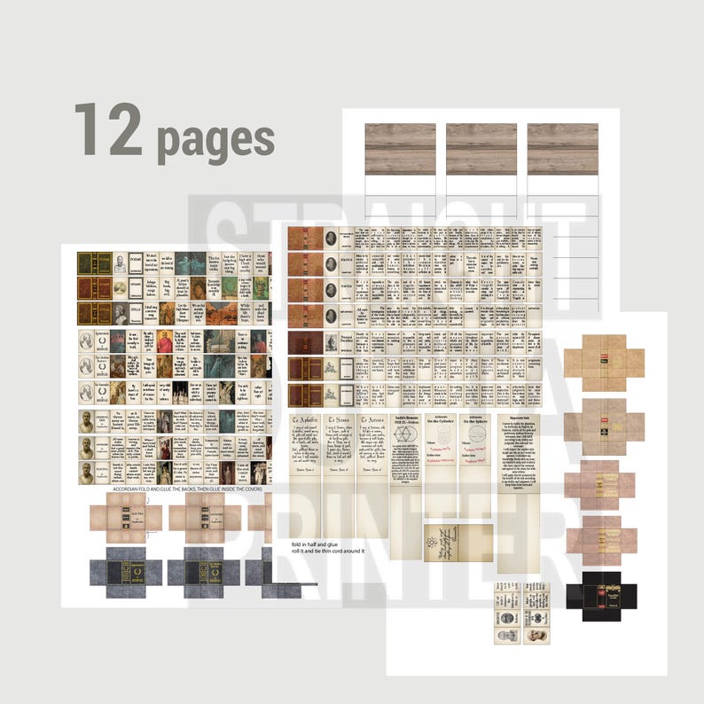 May include: A collection of printed paper sheets with various designs and text, including images of books, portraits, and diagrams. The text "12 pages" is visible at the top. Some sheets are designed to be folded and glued.