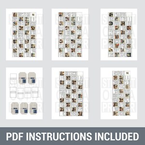 May include: A set of six printable miniature dollhouse furniture patterns. The patterns include a couch, two chairs, a coffee table, a lamp, and a rug. The patterns are printed on white paper with black lines.