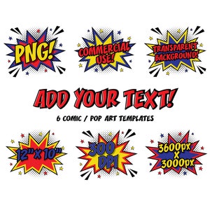 Puede incluir: Seis burbujas de diálogo de estilo cómic con diferentes textos. El texto incluye "PNG!", "COMMERCIAL USE!", "TRANSPARENT BACKGROUND!", "12" x 10"", "300 DPI", y "3600px x 3000px". El texto está en rojo, amarillo y azul. Las burbujas de diálogo están sobre un fondo blanco.