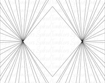 May include: A black and white geometric design with a diamond shape in the center. The diamond shape is made up of multiple lines that radiate outward from the center. The background is filled with the text "Spiked Tumblers" repeated multiple times.
