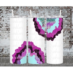 May include: Three white tumblers with a pink, blue, and purple abstract design. The design resembles a swirling, abstract cloud.