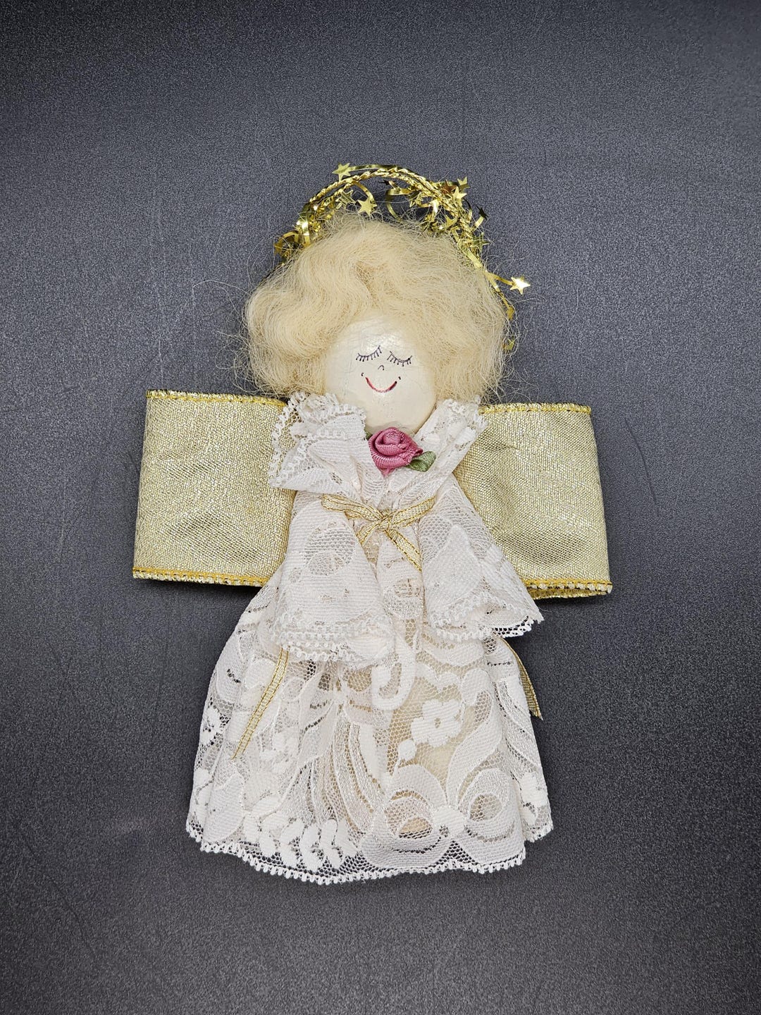 Vintage Christmas Lace Dress Angel Gold Ribbon Wings Handmade Ornament ...