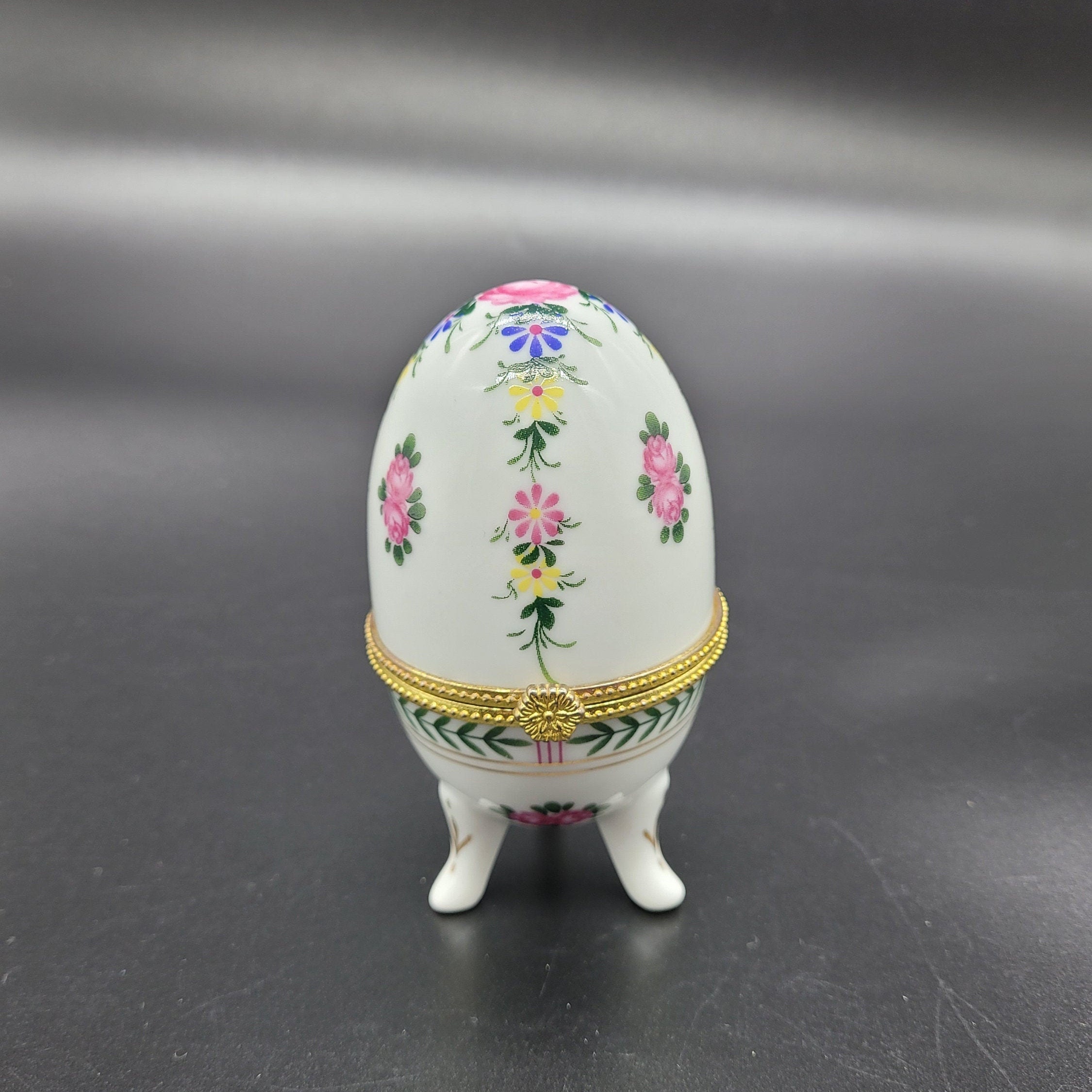 Porcelain 3 Footed Hinged Egg Trinket Box Etsy