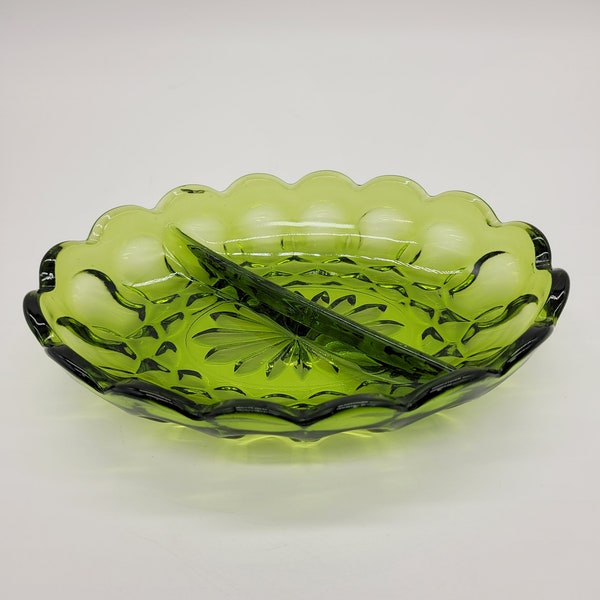 Indiana Green Glass Oval Thumbprint Divided Relish Dish Bowl Tray