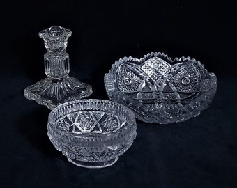 Vanity Set of Two Bowls and a Candlestick in Clear Pressed Glass with Intricate Designs