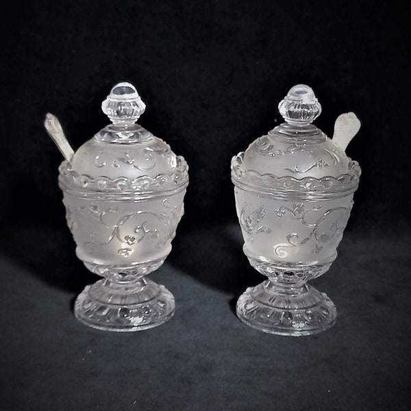 Pair of Antique Baccarat Crystal Condiment Pots with Bird of Paradise Décor