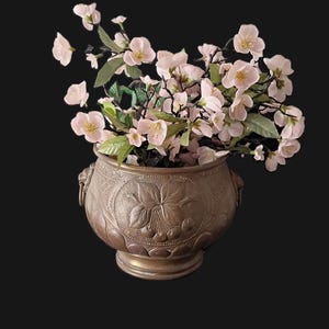 Antique Copper Jardinière Planter with Embossed Cherry Décor and Lion Head Handles