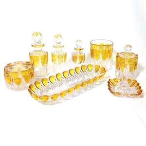 Art Deco Eight Piece Vanity Set in Pressed Semi-Crystal (by Val St Lambert)