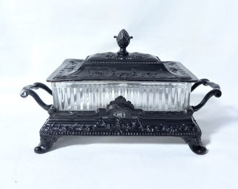 Empire Style Napoleon III Butter Dish in Blackened Metal and Crystal