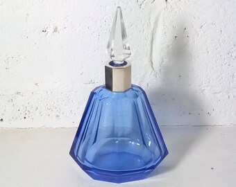 Large Blue Crystal Decanter with Silver Collar and Prism Stopper