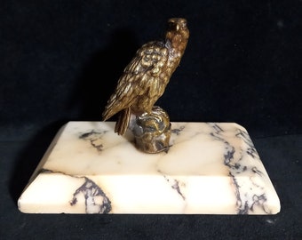 Presse-Papier Antique Aigle en Bronze sur Socle en Marbre Blanc