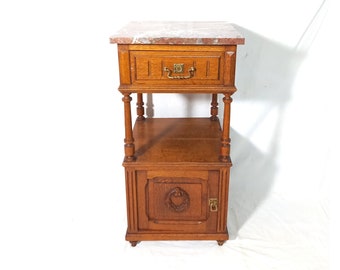 Antique Classical Oak Bedside Table With Red Marble Top