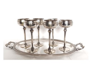 Silver Plate Liquor Set of Six Long Stemmed Goblets on Tray