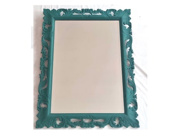 Large Mirror with Pierced Carved Acanthus Leaves and Scrolls in Teal