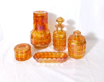 Art Deco Milord Vanity Set in Marigold Carnival Iridescent Glass by J. Inwald