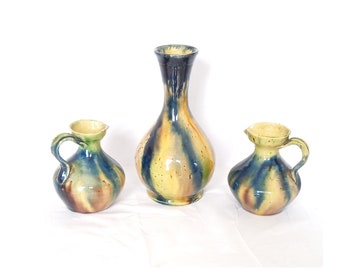 Trio of Small Art Nouveau Thulin Vases with Blue & Yellow Drip Glaze