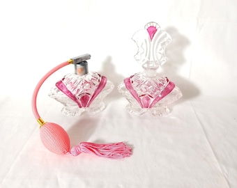 Pair of Art Deco Style Clear & Pink Glass Perfume Bottles