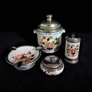 French Porcelain and Pewter Four Piece Smoker Set
