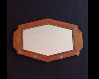 Large Art Deco Mirror with Geometric Oak Frame and Hooks