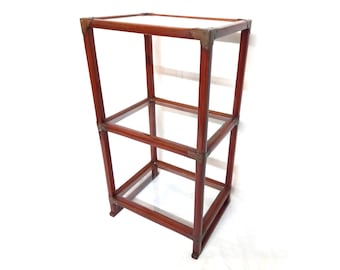 Antique Wooden Oriental Bookcase Shelf Unit with Copper Mounts and Glass Shelves