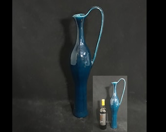 Tall and Slender Blue Glazed Ceramic Ewer from Le Potier Menton