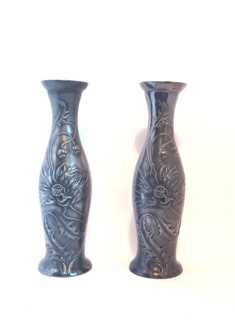 Pair of Small Art Nouveau Pewter Vases or Candleholders image 3