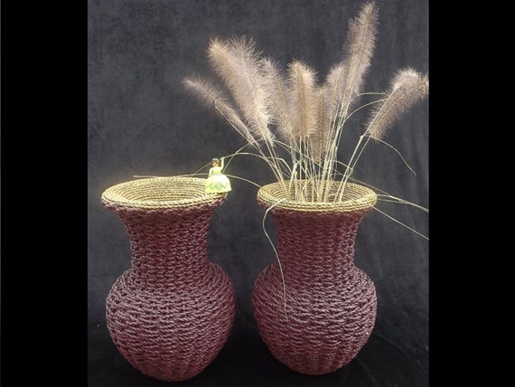 Upcycled Pair Of Extra Large Wicker Floor Vases