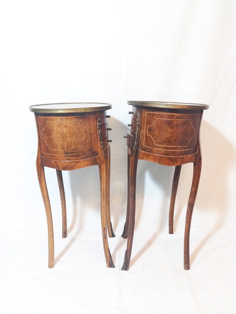 Antique Side Tables / Nightstands with Marquetry in the Louis XV-XVI Transition Style image 3