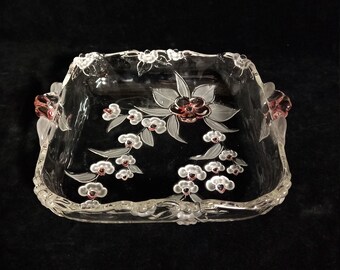 Dainty Glass Dish with Pink and White Frosted Flowers in Relief by Walther Glass