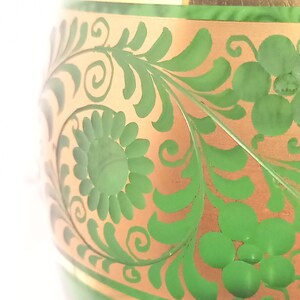 Emerald Green Glass Vase with Gilt Floral Décor and Cut Details image 3