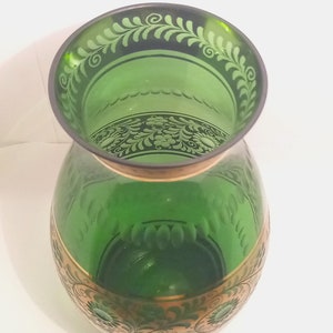 Emerald Green Glass Vase with Gilt Floral Décor and Cut Details image 5