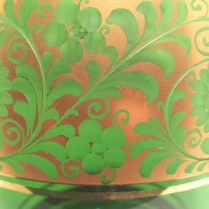 Emerald Green Glass Vase with Gilt Floral Décor and Cut Details image 6