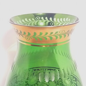 Emerald Green Glass Vase with Gilt Floral Décor and Cut Details image 4