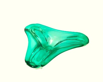 Midcentury drielobbige schotel in zeegroen glas