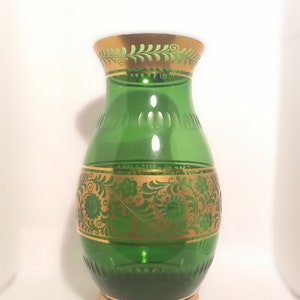 Emerald Green Glass Vase with Gilt Floral Décor and Cut Details image 2