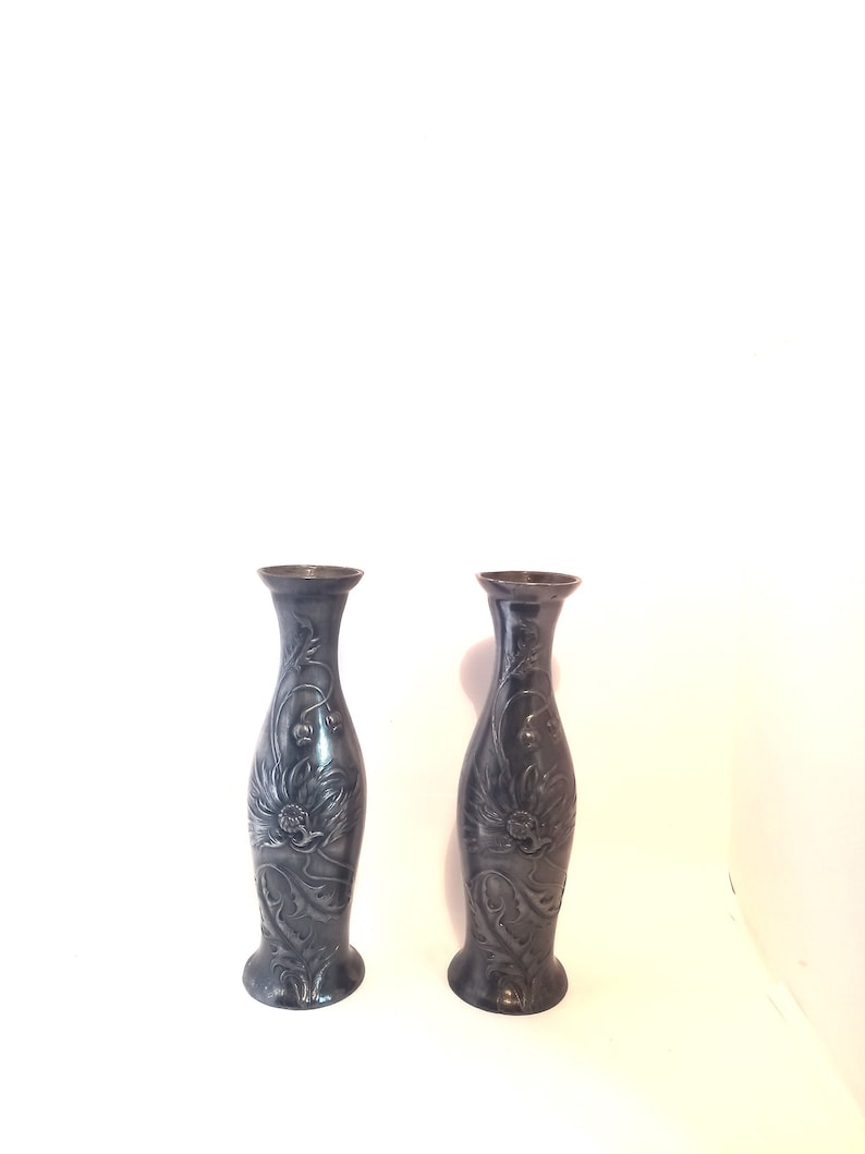 Pair of Small Art Nouveau Pewter Vases or Candleholders image 1